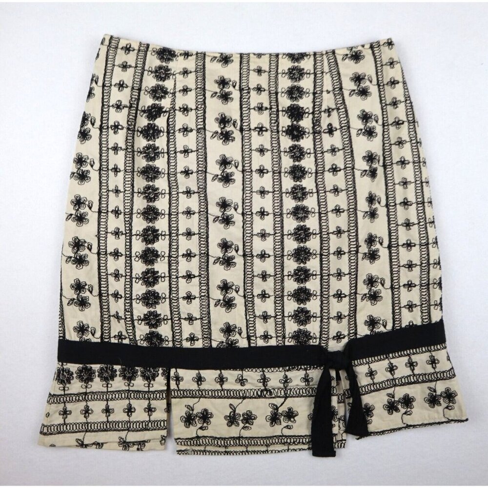 WOMEN'S IVORY BEIGE & BLACK EMBROIDERED PENCIL SKIRT - PERSAMAN NEW YORK SIZE 8